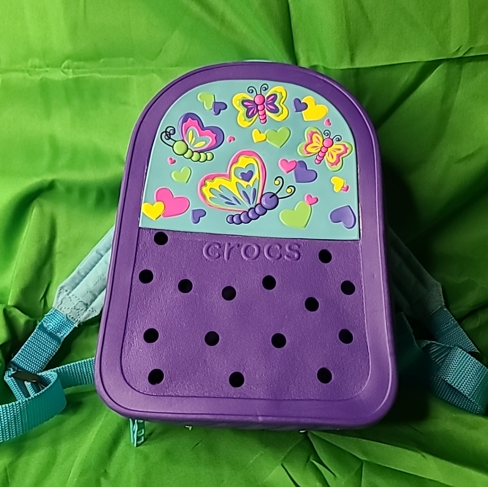 CROCS Backpack Purse Kids Adults SM 9 1/2" Butterflies Purple Blue Rubber Zipper